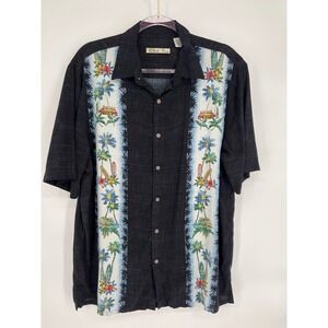 Batik Bay Hawaiian Shirt‎ Palm Tree Surfboard Van Rayon Button Up Black L